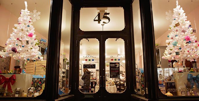 Store front with Christmas decorations inside